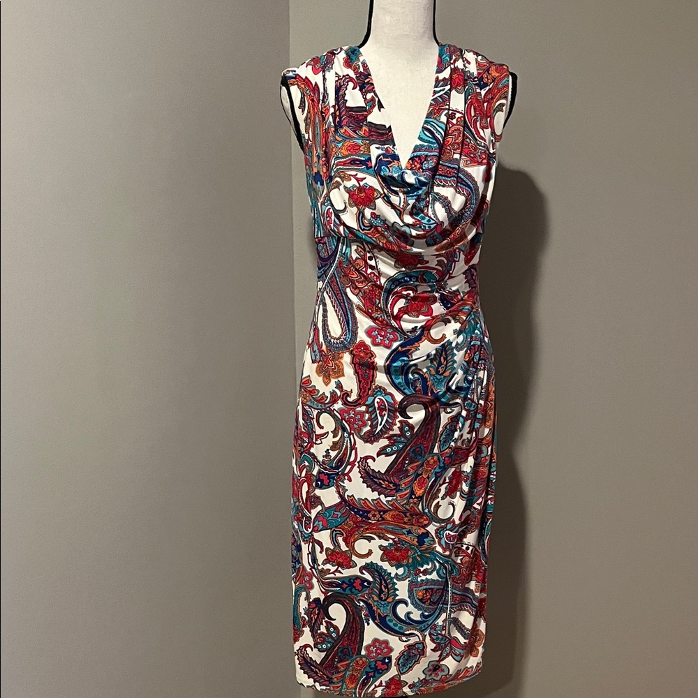 Lauren Ralph Lauren White Paisley Midi Dress with Red & Teal Accents
